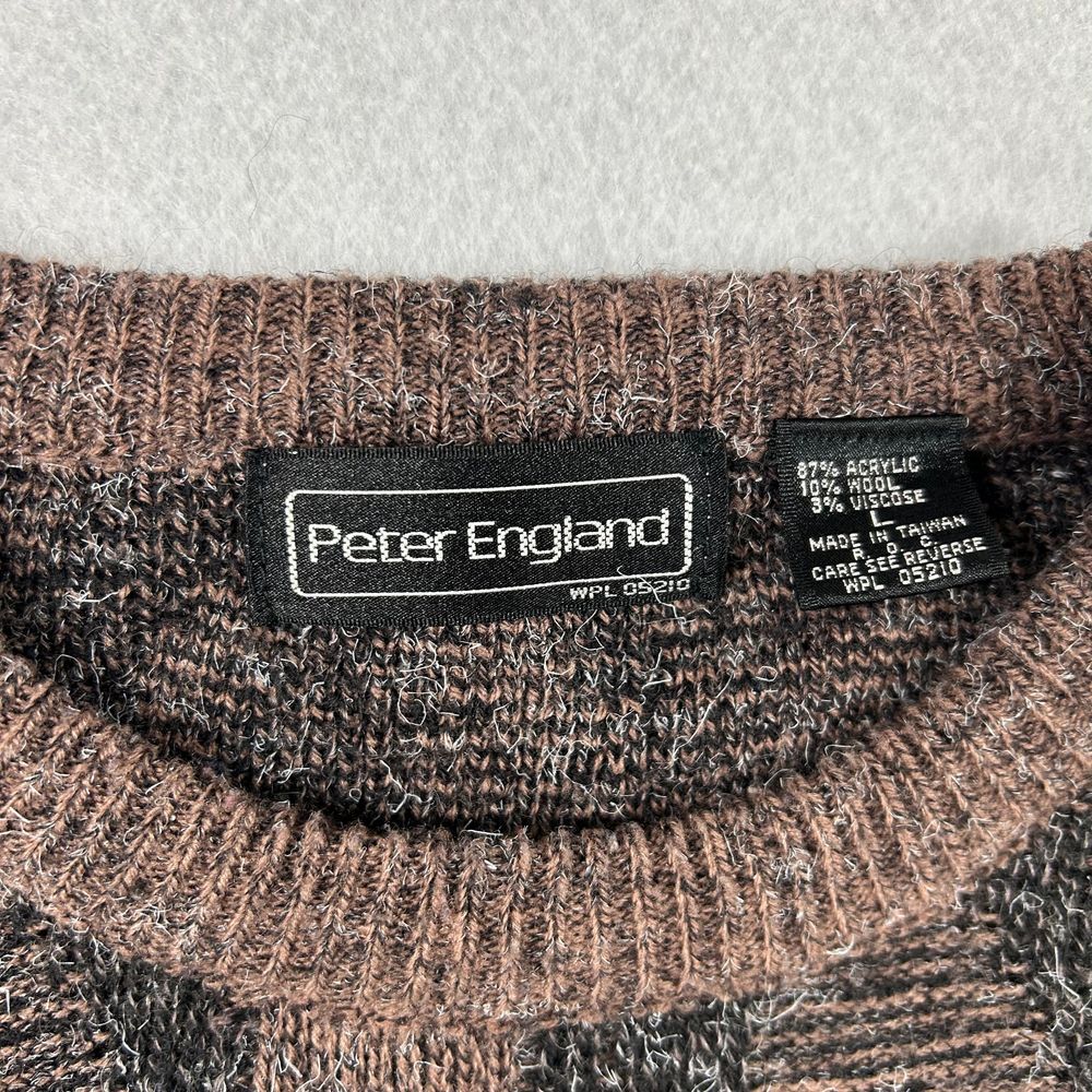 Peter England Sweater Mens Large Brown Geometric Diamond Wool VTG Knit Crewneck - Picture 3 of 5